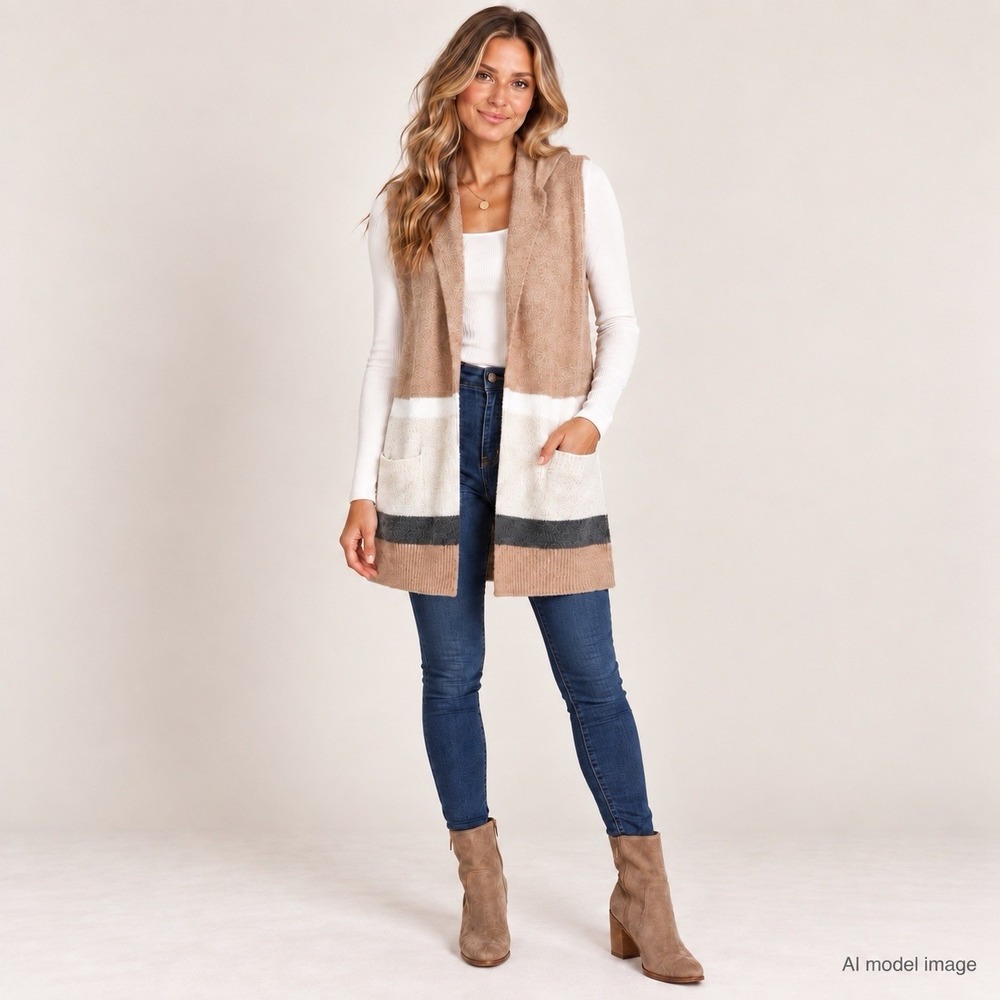 LOFT Cardigan Vest Women's XS/S Beige Colorblock Open Front Knit Long Cozy